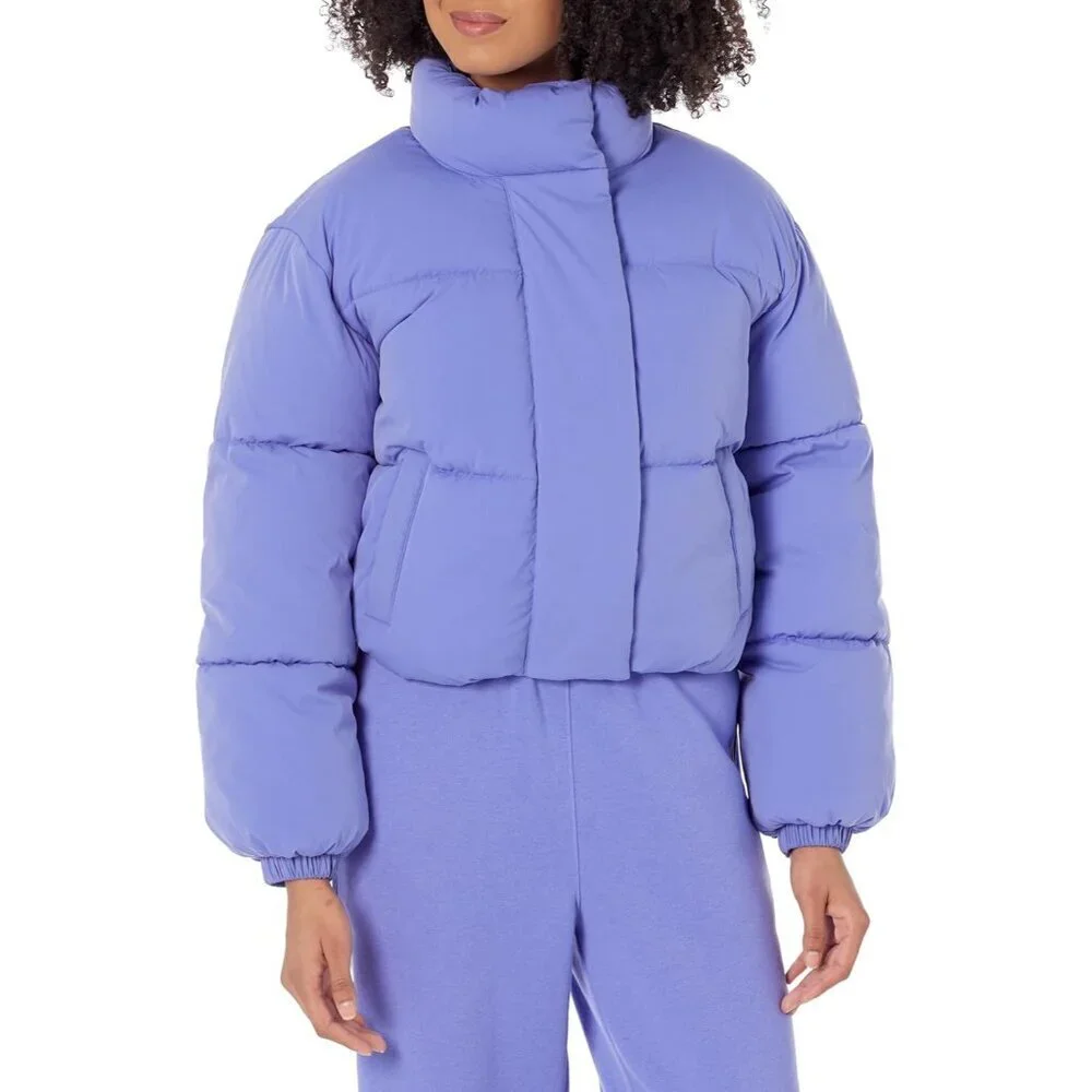 Womens Cropped Full-Zip Puffer Jacket Quilted Matte or Sherpa Fleece